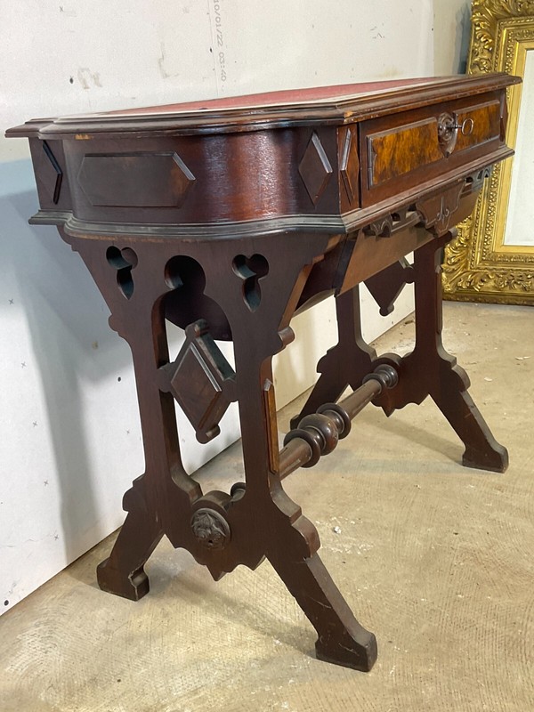 Antique Victorian Burl Walnut Sewing Table Work 1870 Stand Renaissance Revival gallery