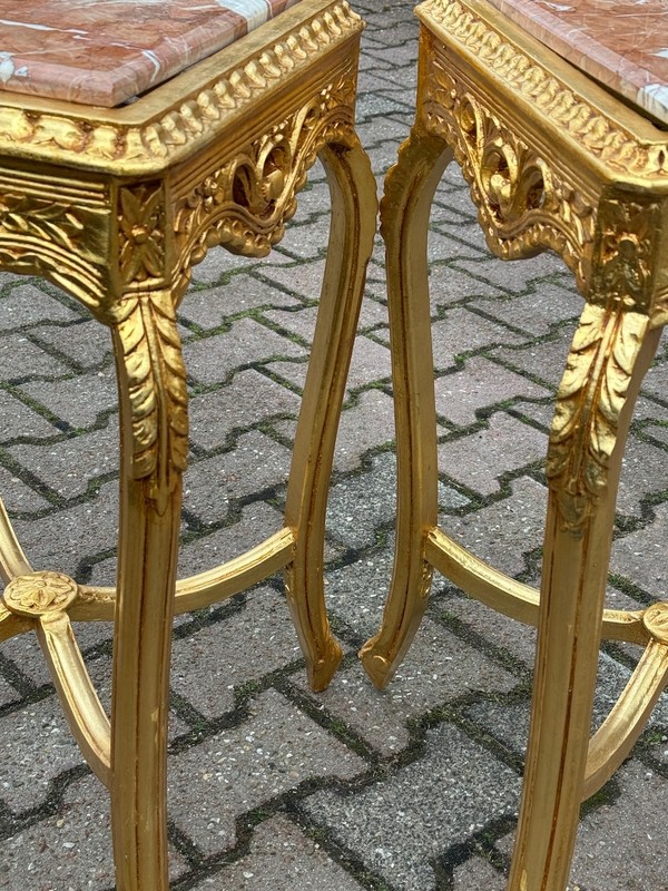 Side Tables French Louis XVI Gold Beech Pink Marble 1970 Occasional Pair 2 Pcs gallery