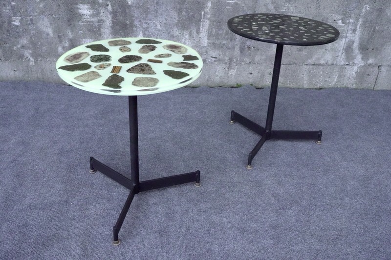 Mid Century Modern Stone Mother of Pearl Agate Resin Pedestal End Tables – 16″