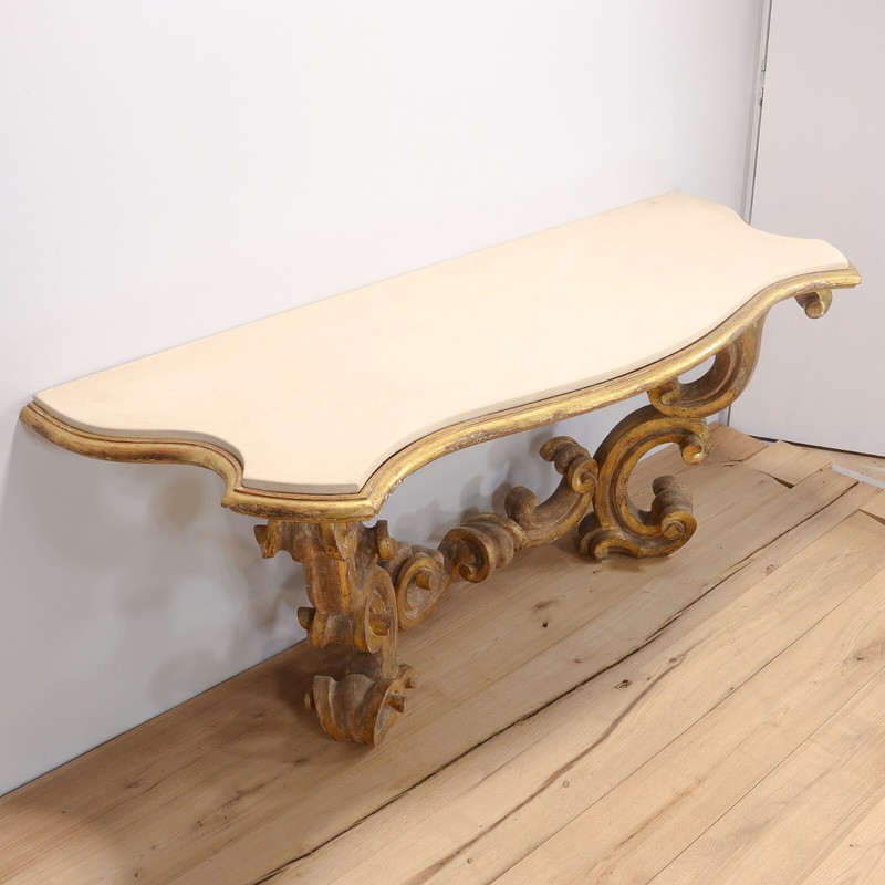 Gessoed & Gilt Rococo / Louis XV Style Demilune Console Table with Limestone gallery