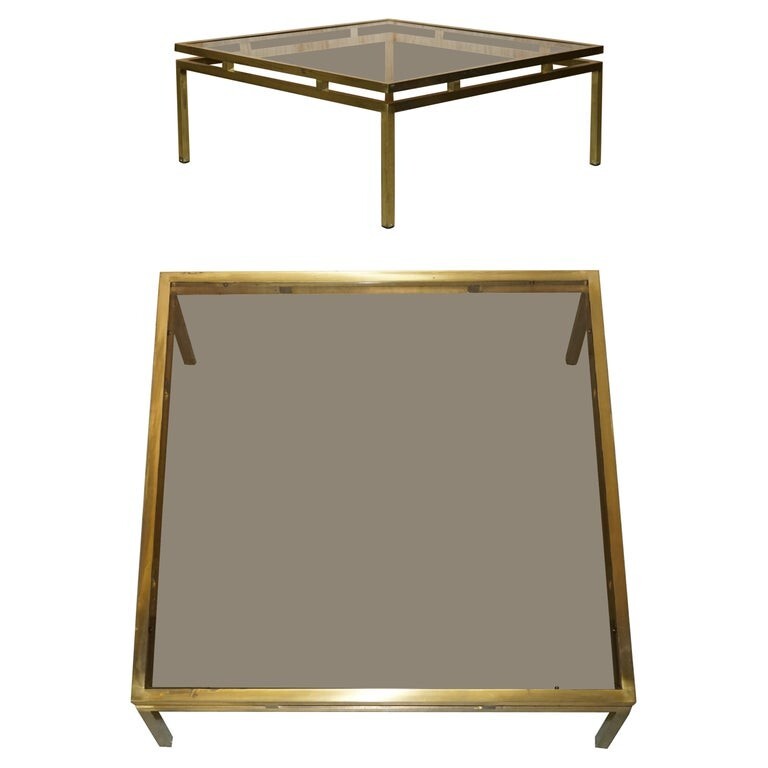 MID CENTURY MODERN MAISON JANSEN PARIS STYLE BRASS SMOKED GLASS COFFEE TABLE