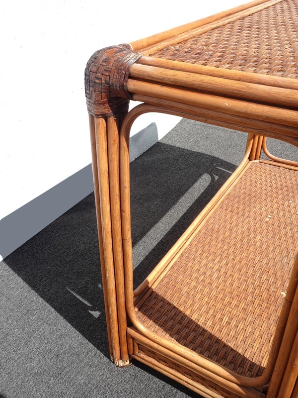 Vintage Rustic Console Sofa Table Tiki Palm Beach Style w Bamboo Rattan Leather gallery