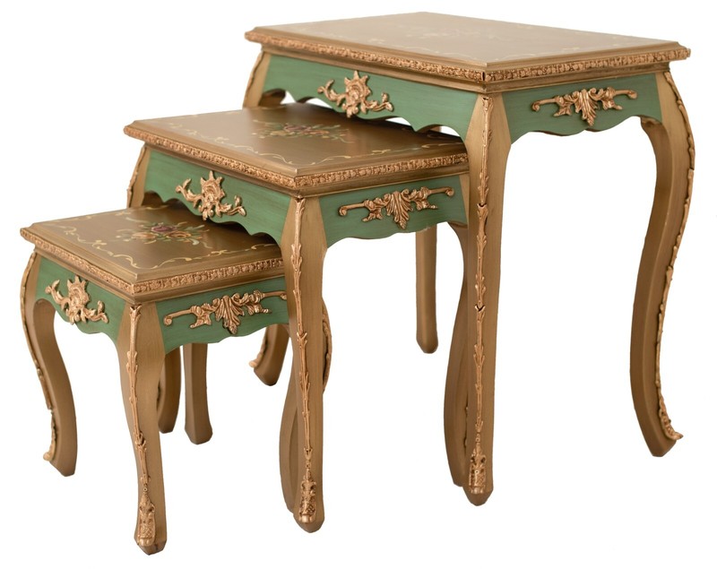 Handcrafted Three-Piece Table Macau M032/ 64X39X62.5 Cm Green Antique