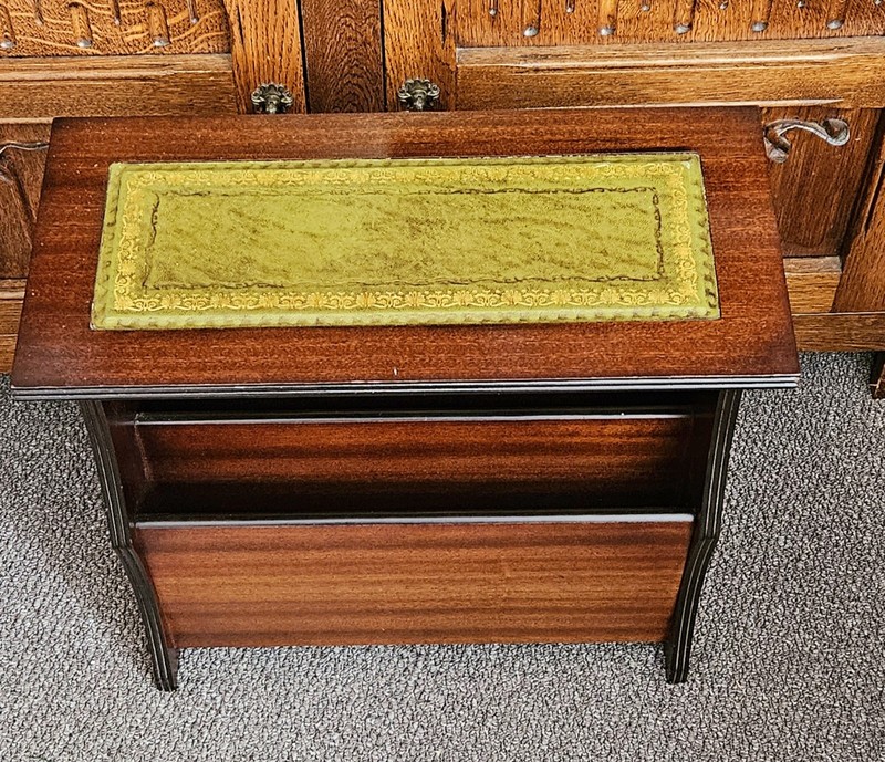 Vintage Green Leather & Flamed Mahogany Side End Wine Table Magazine Rack