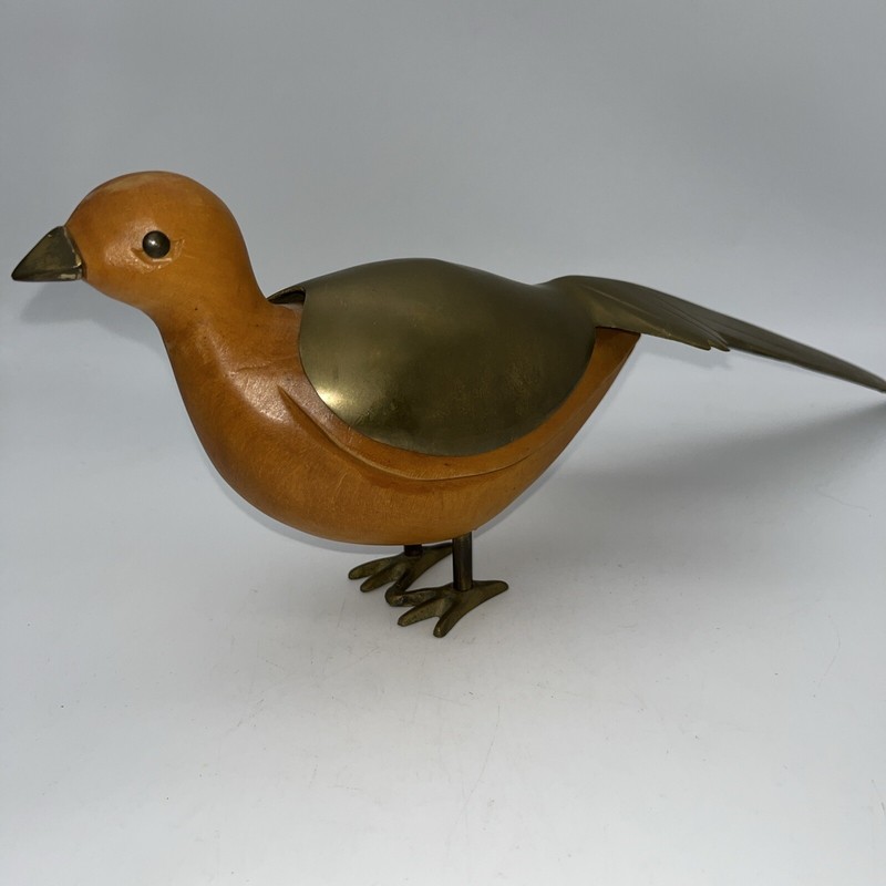 Vintage Carved Bird Peacock Wood And long Brass Feather Tail Nice Condition!!