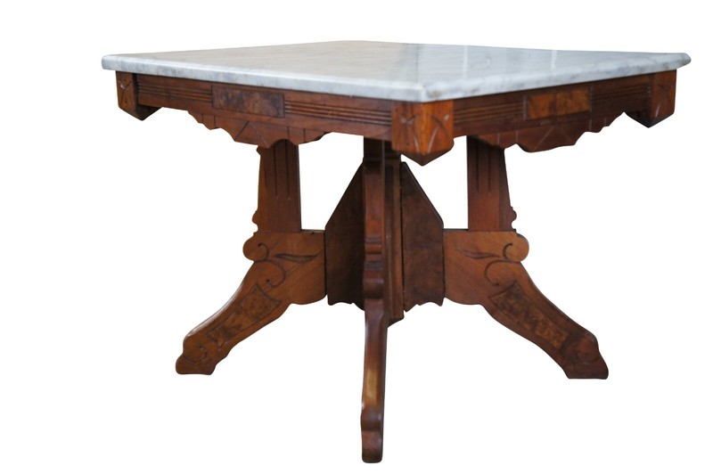 Antique Victorian Eastlake Walnut Burl Marble Top Parlor Coffee Side End Table gallery