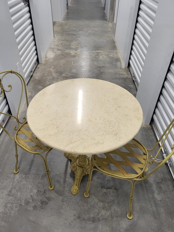Vintage Cast Iron Table Base with Marble Top and Two Cast Iron Chairs Excellent gallery