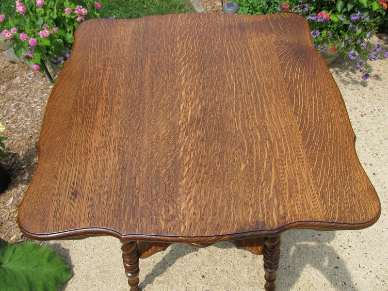 Victorian Antique Parlor Table Tiger Oak Barley Twist Legs and Lower Shelf gallery