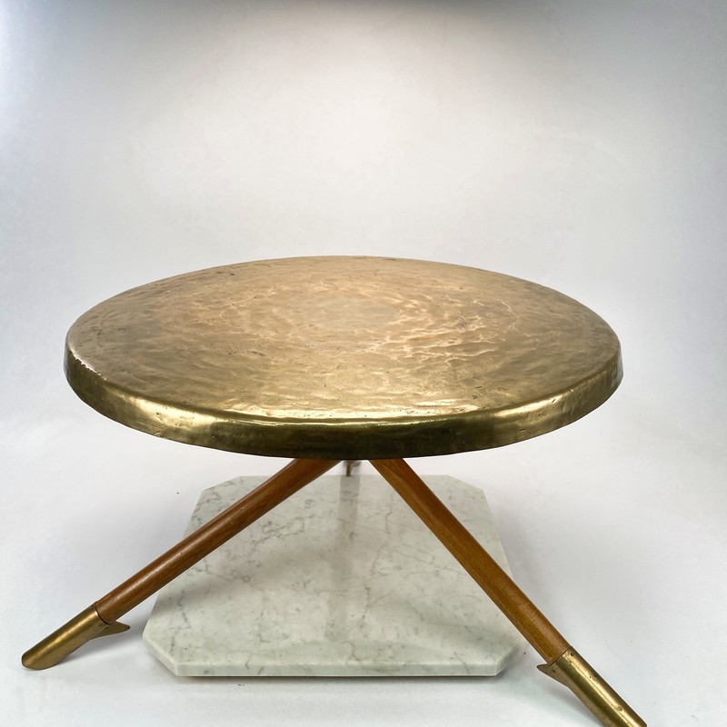 Mid Century Very Low Brass Table, Pedestal Accent Table 16×24 Vintage Retro MCM