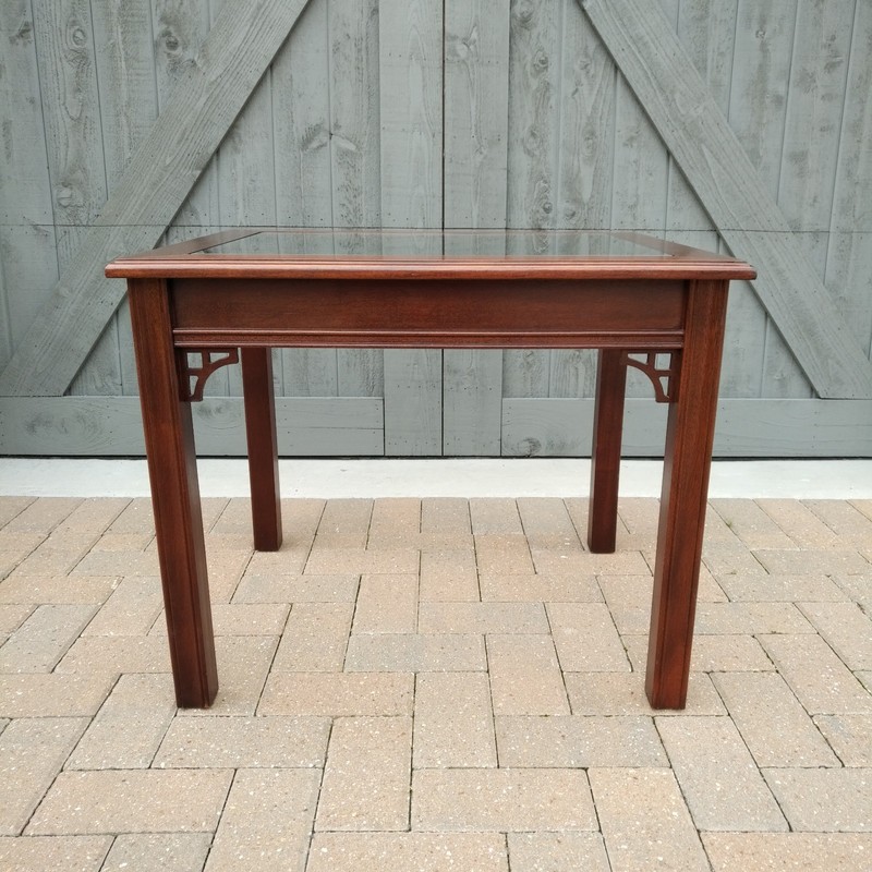 MAHOGANY CHIPPENDALE END TABLE WITH BRAND NEW GLASS TOP gallery