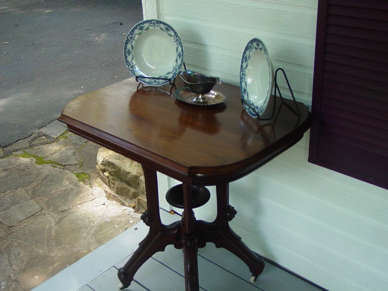 Older Victorian Era Walnut & Mahogany Center Window Lamp Table 30 3/8 X 22 1/4