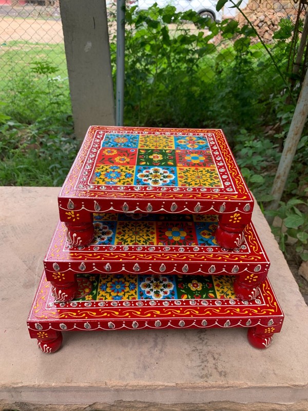 Colourful Hand Embossed Painted Bajot Set Wooden Decorative Chowki Decor Gift