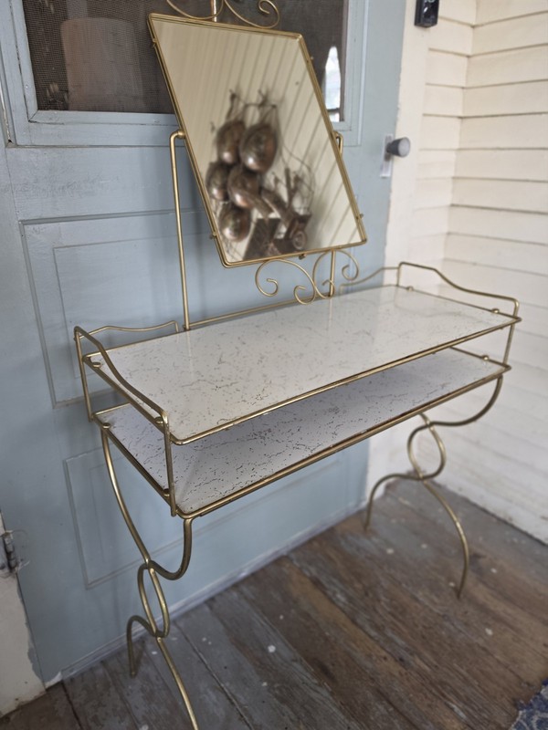 Vintage Gold Metal Atomic Retro Vanity Table Gold Veined Shelves, Tilting Mirror gallery