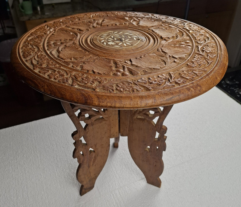Vintage Indian Hand-Carved wood Inlaid Folding Side Table – 15″ Wide 17″ Tall