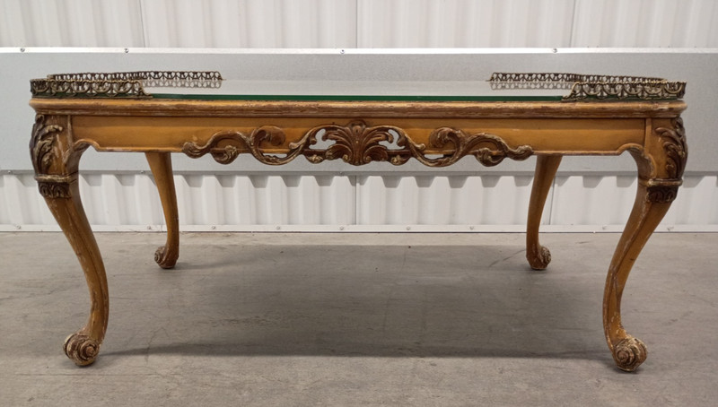 Ornate Hand Carved Wood FRENCH STYLE Inlaid Top Coffee Table with Glass Top gallery