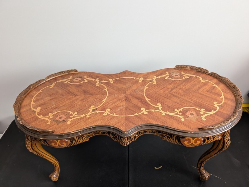 1940’s French Style Coffee Table w/ Intricate Inlays & Carvings
