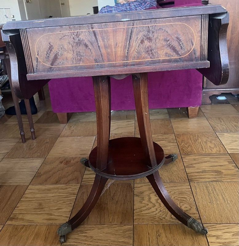 Antique Victorian Wooden Sewing Table Drop-Leaf Drawer Brass Pull Brown gallery