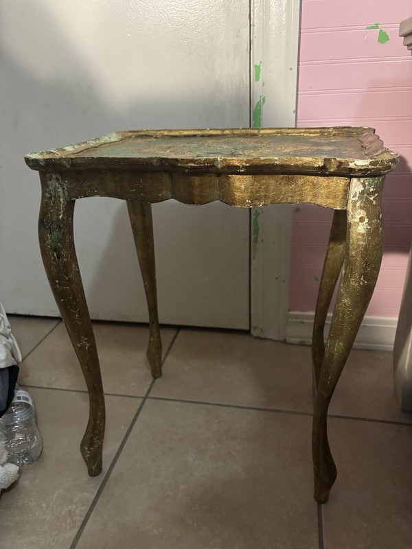 French Style Antique Gold & Green Carved Wood Side Table, Ornate Rectangular