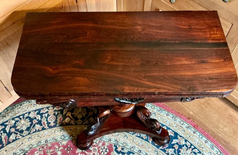William IV Period Rosewood Game Table with Carved Dolphins Scrolls ca 1830 RARE gallery