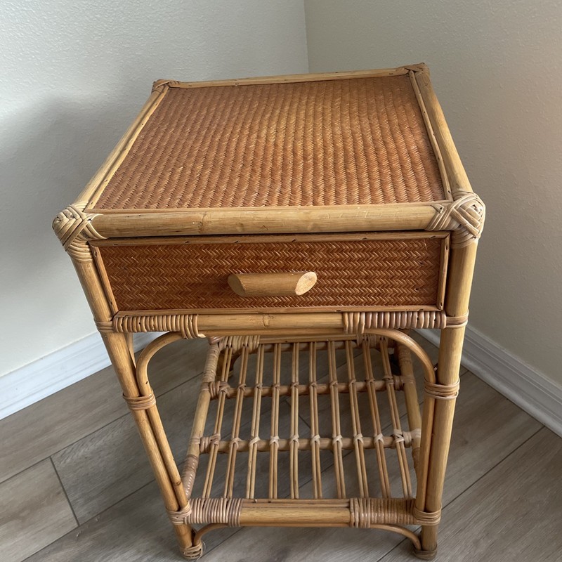 MCM Coastal Bamboo Woven Rattan w/Drawer+Bottom Shelf-Side Table Night Stand 25” gallery