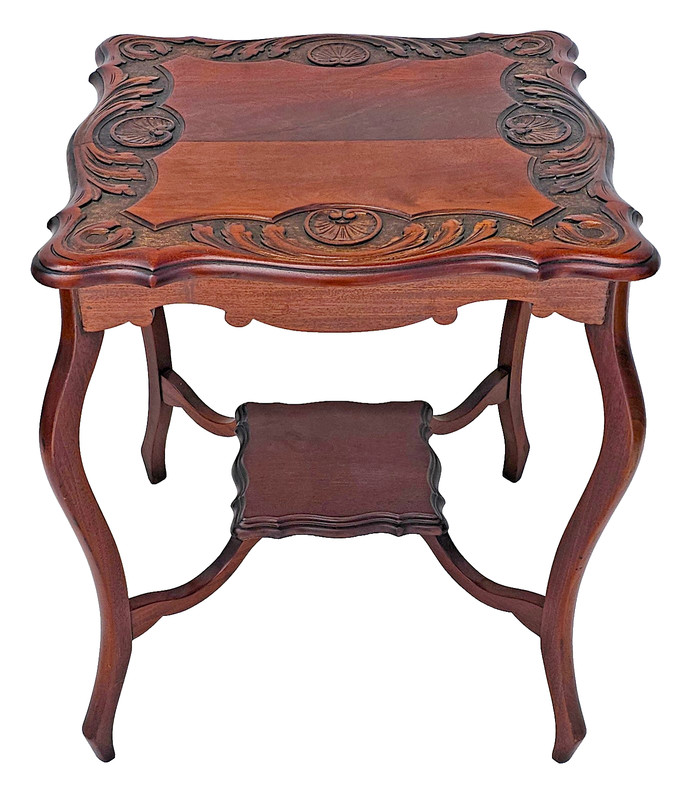 Antique English Solid Mahogany Lamp Table c1890 – Carved Shells, Cabriole Legs gallery