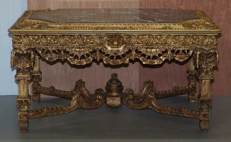 LARGE IMPORTANT 19TH CENTURY CONTINETAL CARVED GILTWOOD AND MARBLE CENTRE TABLE gallery