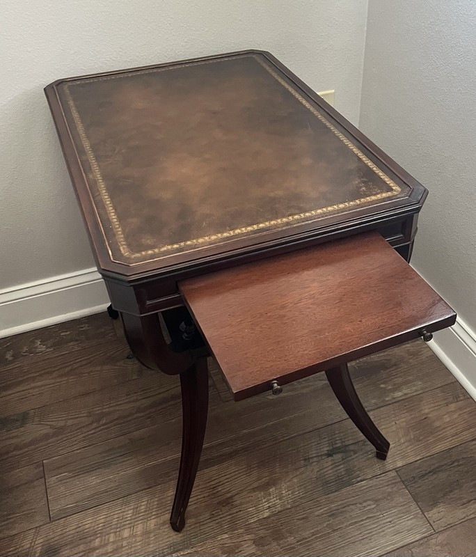 Vintage Mid Century Mahogany Side Table Leather Top Inlay Pull Out Tray Original gallery