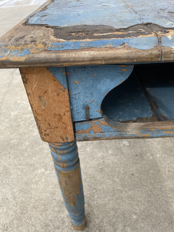 Old Antique Primitive Game Table Oak 42L 27W 29H Old Blue Paint Solid gallery
