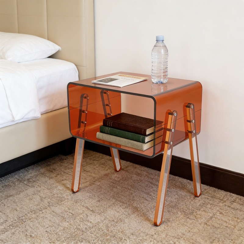 Brown Acrylic Side Table Semi-Clear Flared Legs Open Compartment