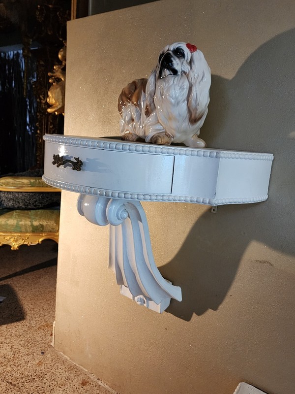 PAIR MID CENTURY MODERN Side Table or Consoles, Violin Scrolls Gloss White. gallery