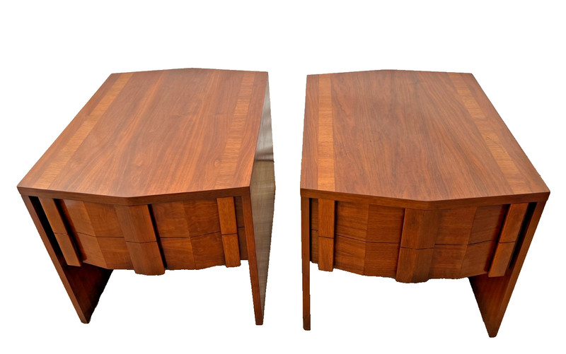 Mid Century Lane Nightstands Staccato Block Brutalist Front Walnut Side Tables