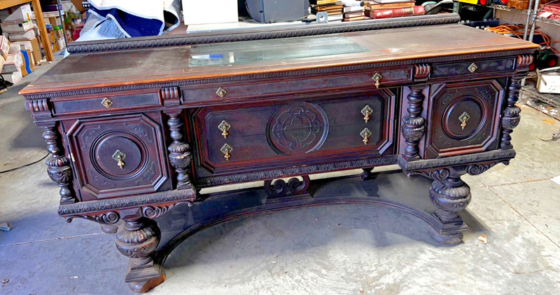 Antique Early 1900s Excel Mfg. Oak Jacobean Renaissance Revival 80” Sideboard