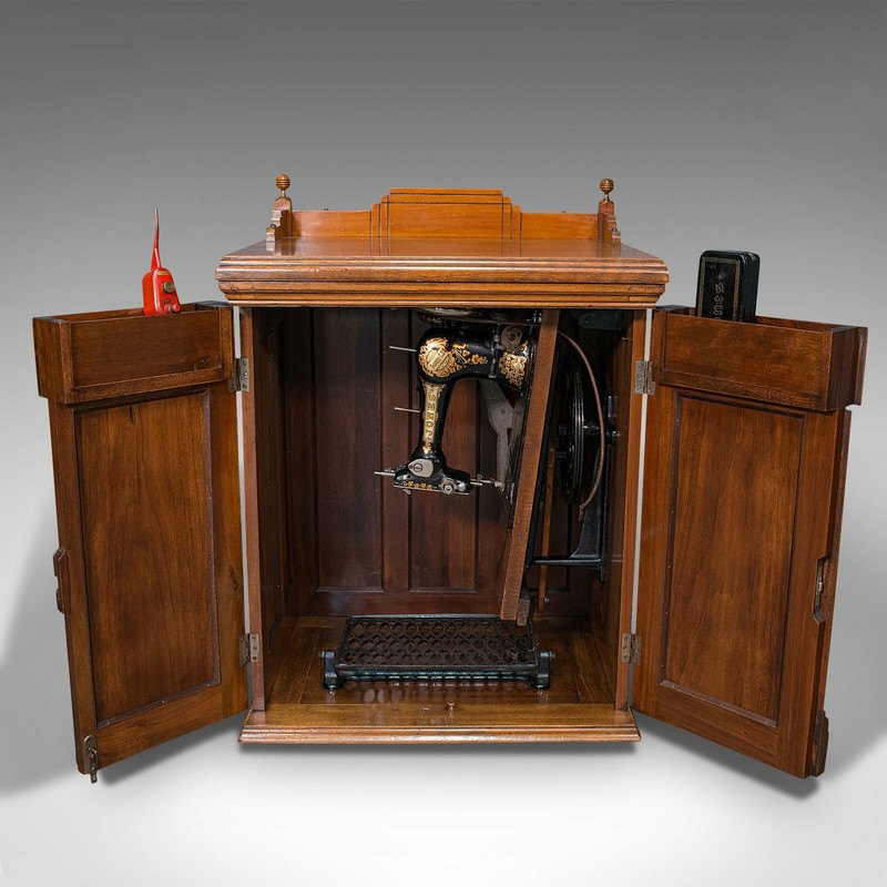 Antique Sewing Machine Cabinet, English, Walnut, Machinist Console, Circa 1920 gallery