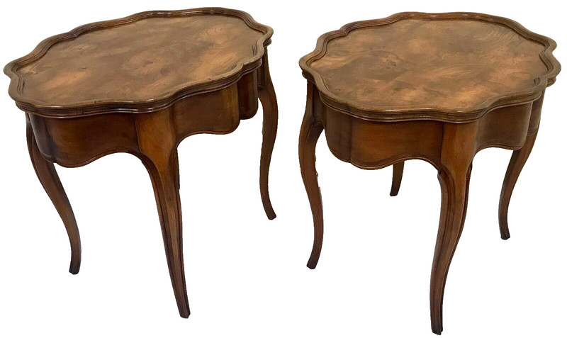 Vintage Pair Louis XV Solid Maple & Burl Inlaid Scalloped Edge Side End Table