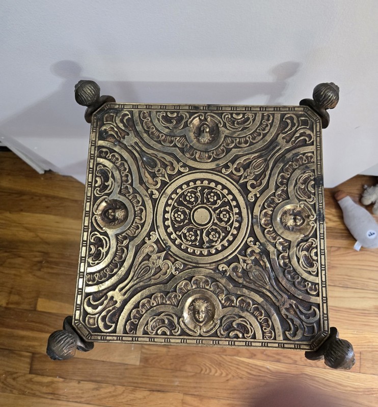 19th Century Embossed 3 Tier Brass Side Table Floral Arabesques Sculpted Busts gallery