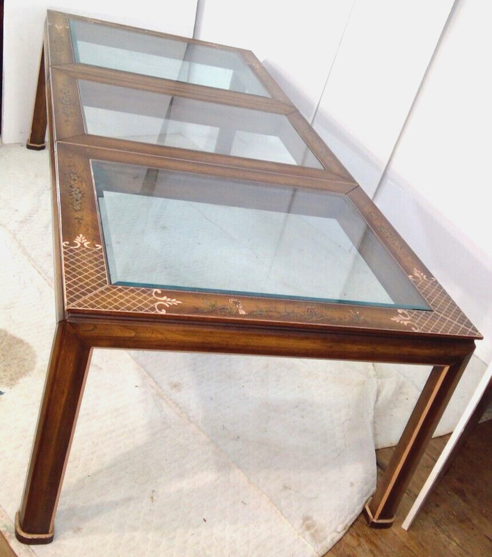 Mid Century Asian Dining Table 102" long Glass paneled top hand painted gallery