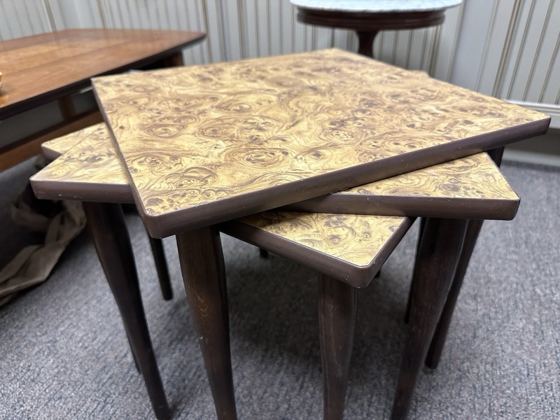 Vintage MCM Set Of 3 Faux Wood Formica Nesting Stacking Tables gallery