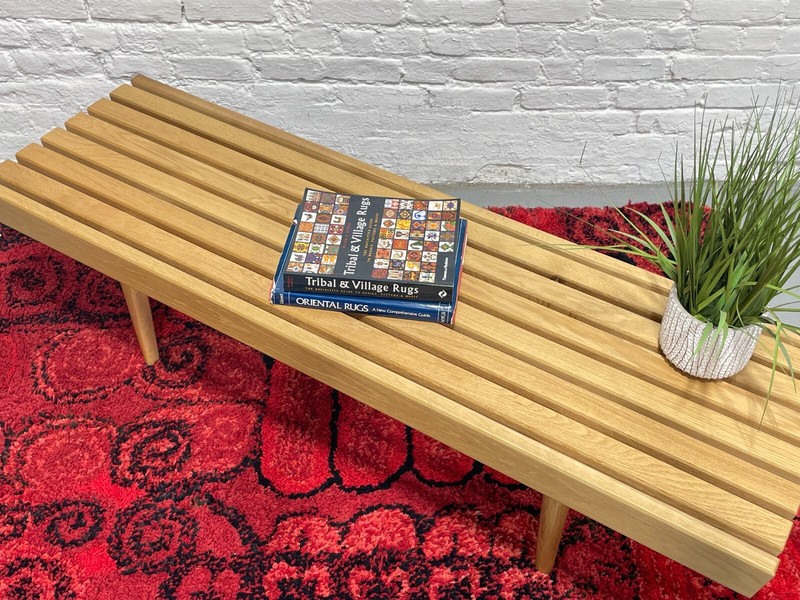 Mid Century Modern styled HANDMADE Oak Slat Bench | Long Coffee Table gallery