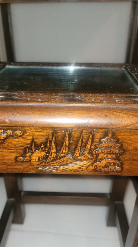 VINTAGE ASIAN HANDCARVED WOODEN S 3 NESTING TABLES 25x20x14 22x17x13 16x11x9 gallery