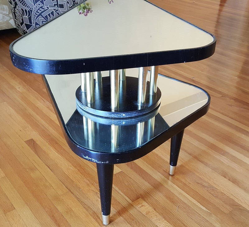 VINTAGE ANTARES TRIANGULAR EBONIZED LACQUERED MIRROR TOP SWIVEL SIDE TABLE gallery