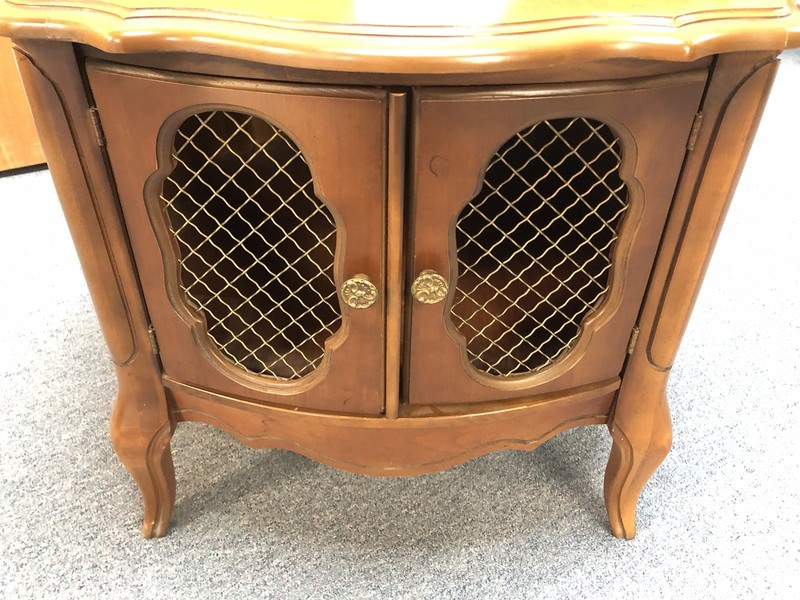 vintage French Provencial Drum Table w 2 Screened Window Doors & Scalloped Edge gallery