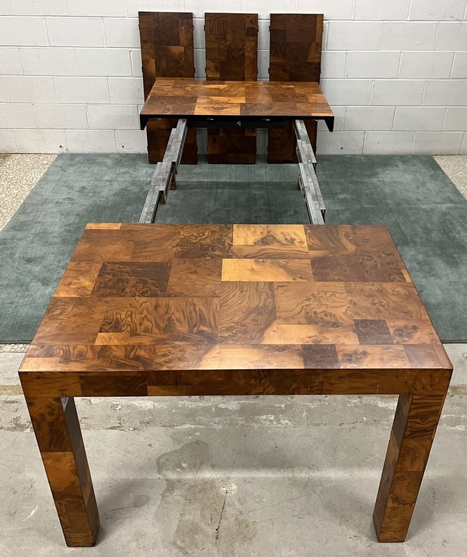 Paul Evans Mid-Century 105" Patchwork Burlwood Veneer Dining Table; 3 Leaves gallery