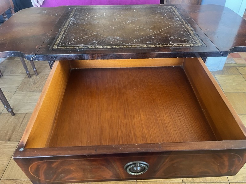 Antique Victorian Wooden Sewing Table Drop-Leaf Drawer Brass Pull Brown gallery