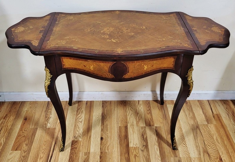 Antique AMERICAN Made FRENCH Louis XV Marquetry DROP LEAF Center TABLE Desk gallery