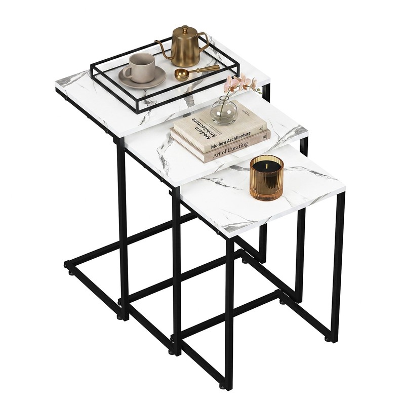 Nesting Table Set of 3 End Coffee Table for Living Room with Metal Frame White