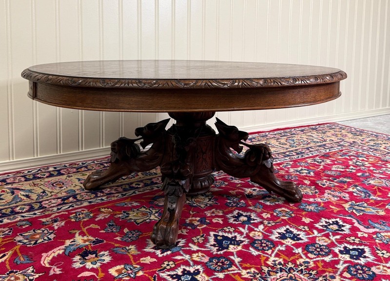 ANTIQUE FRENCH BLACK FOREST OVAL ENTRYWAY OAK CARVED GRIFFINS TABLE 44x 51 x27 gallery