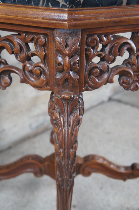 Antique Italian Renaissance Carved Walnut Marble Top Octagonal Center Side Table gallery