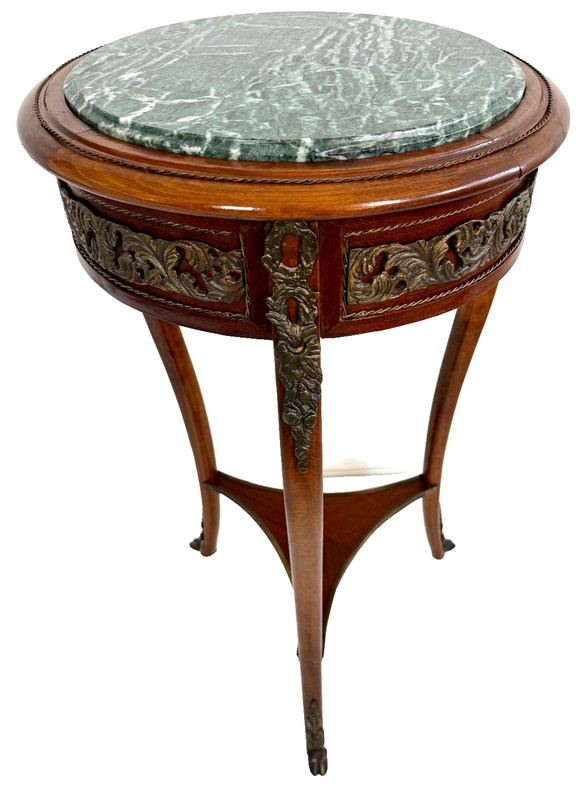 Early 20th-C Louis XV Walnut Ormolu Mounted Marble Top Side Table gallery