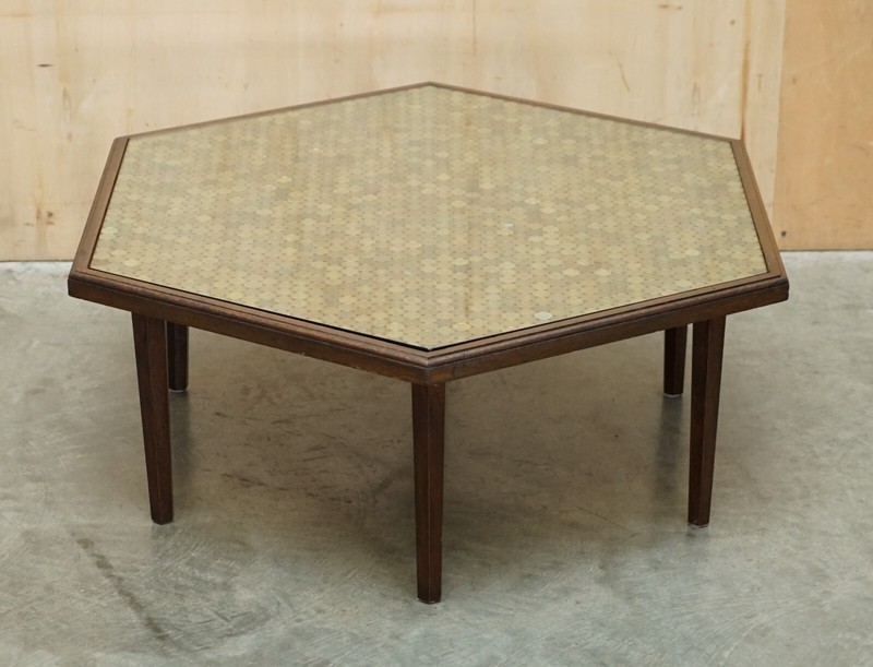 ANTIQUE CIRCA 1920 COFFEE TABLE COVERS IN ENGLISH THREE PENCE COINS FROM 1940'S gallery
