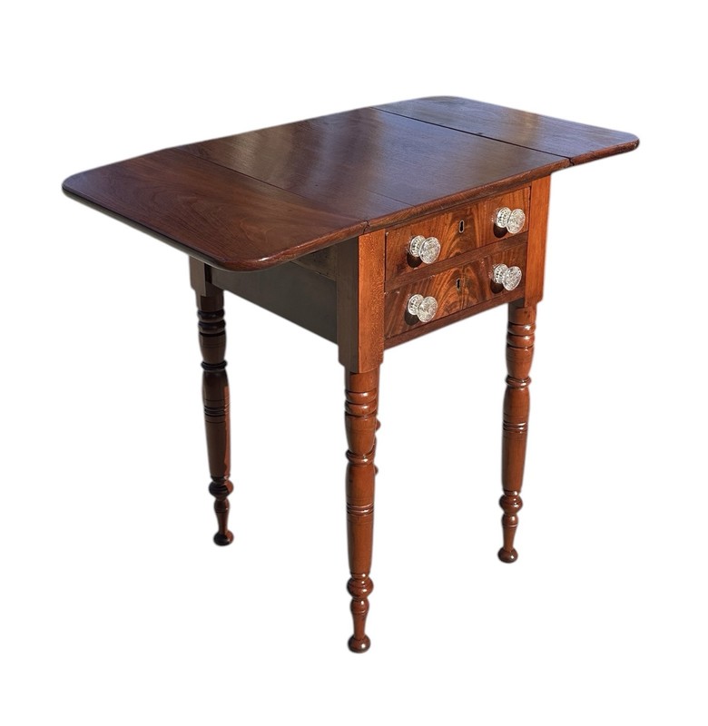 ANTIQUE SHERATON VERMONT MAHOGANY DROPLEAF WORK TABLE WITH SANDWICH GLASS PULLS gallery